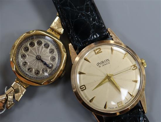 An 18ct gold ladys wristwatch with silvered cushion-shaped Arabic dial and plated bracelet and an Avalon 9ct gold wristwatch.